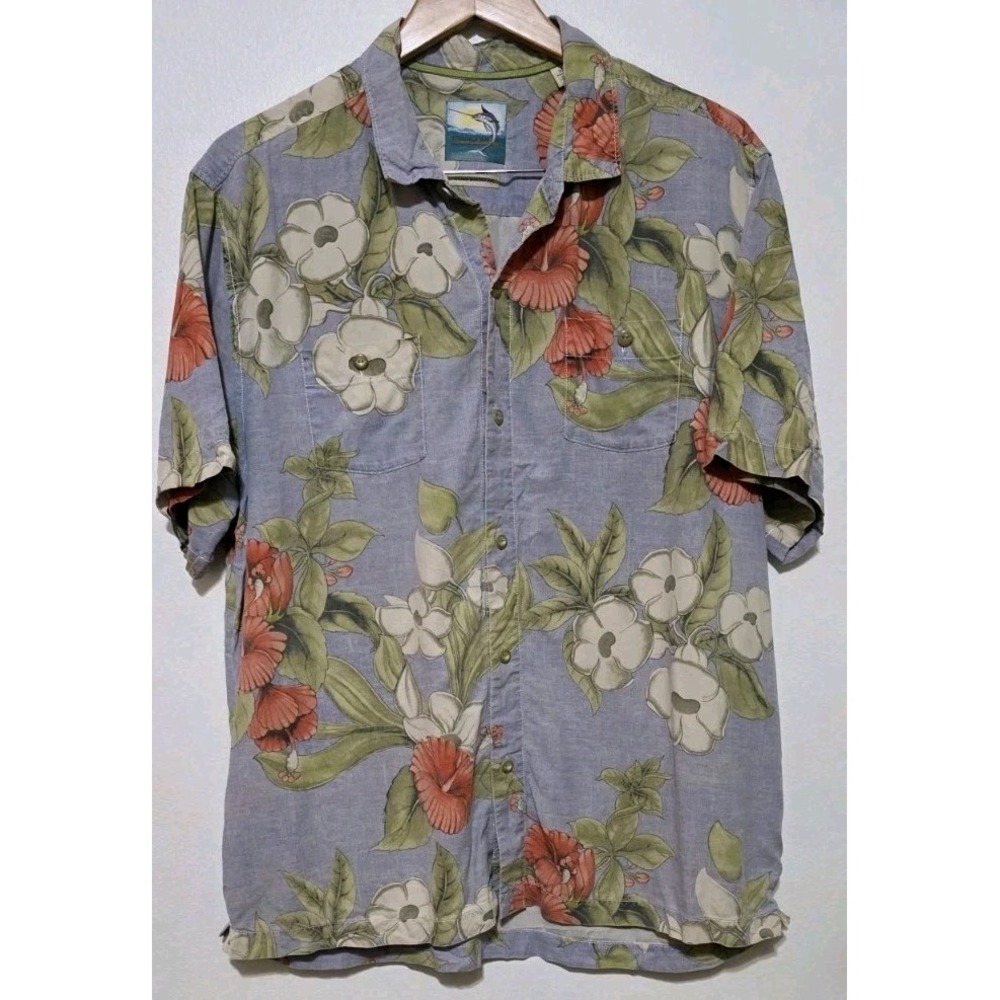 Tommy Bahama Shirt Mens XL Floral Blue Hawaiian Island Silk Vacation Button Polo